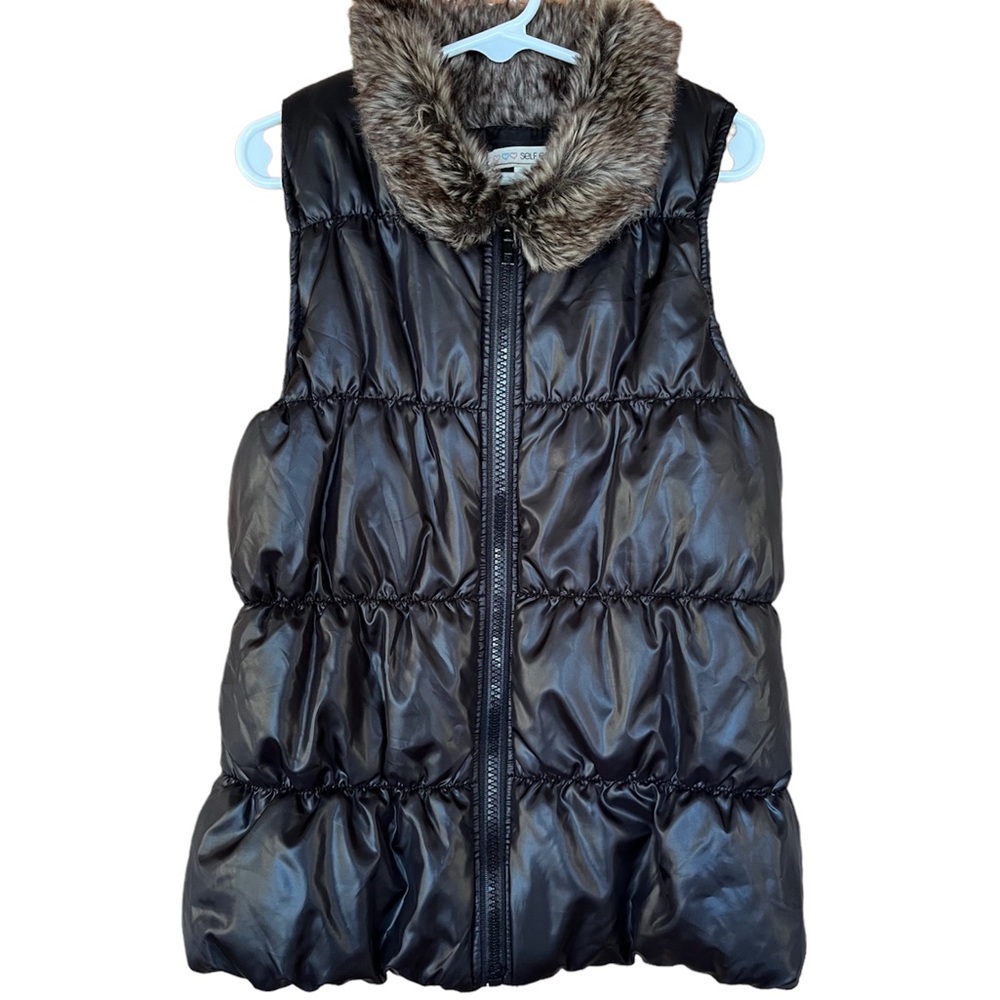 Self Esteem Girls Sleeveless Puffer Vest with Faux Fur Collar Small